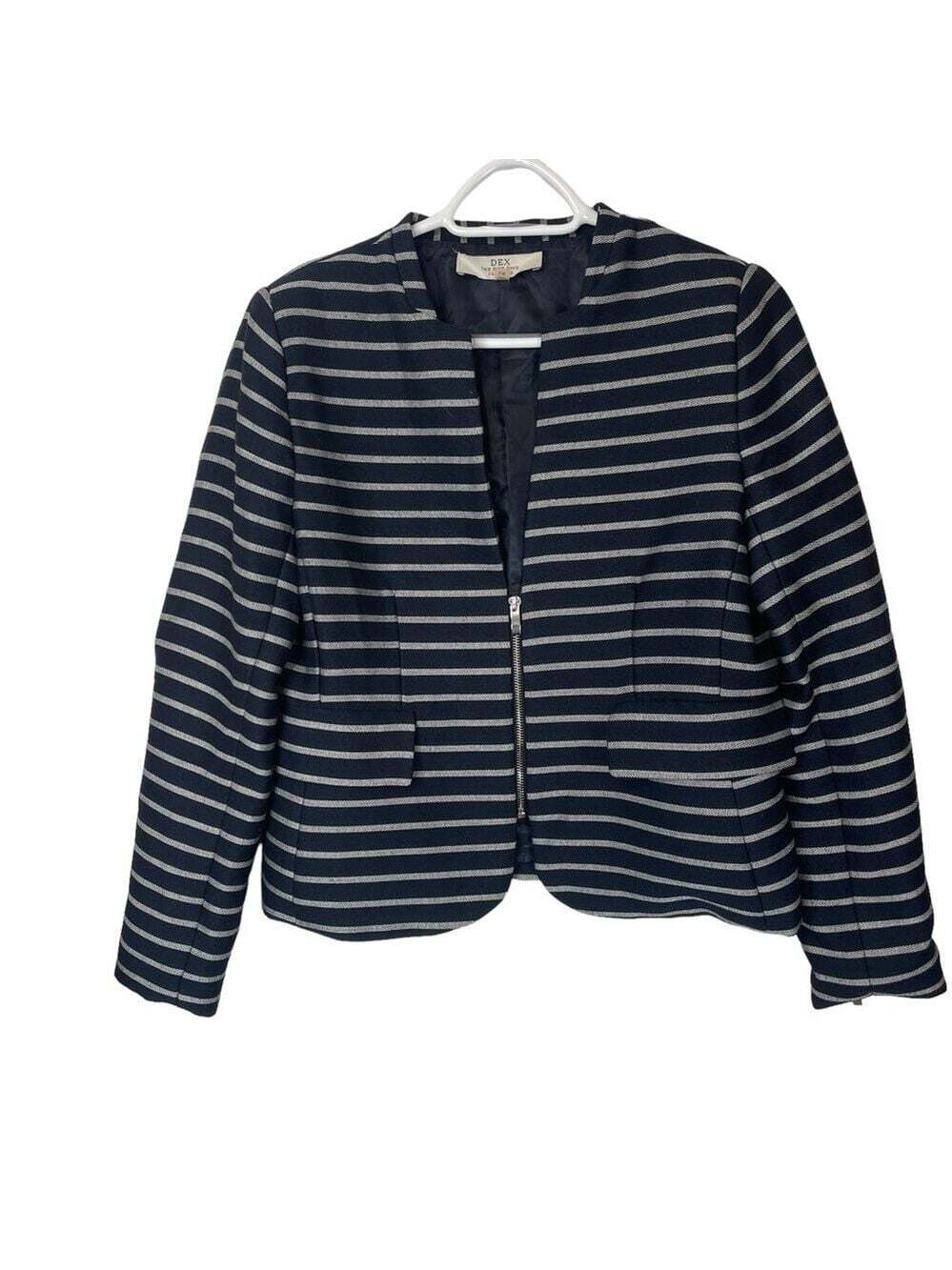 DEX The Suit Shop Womens Blue Striped Blazer Size Large Zipper Closure Business